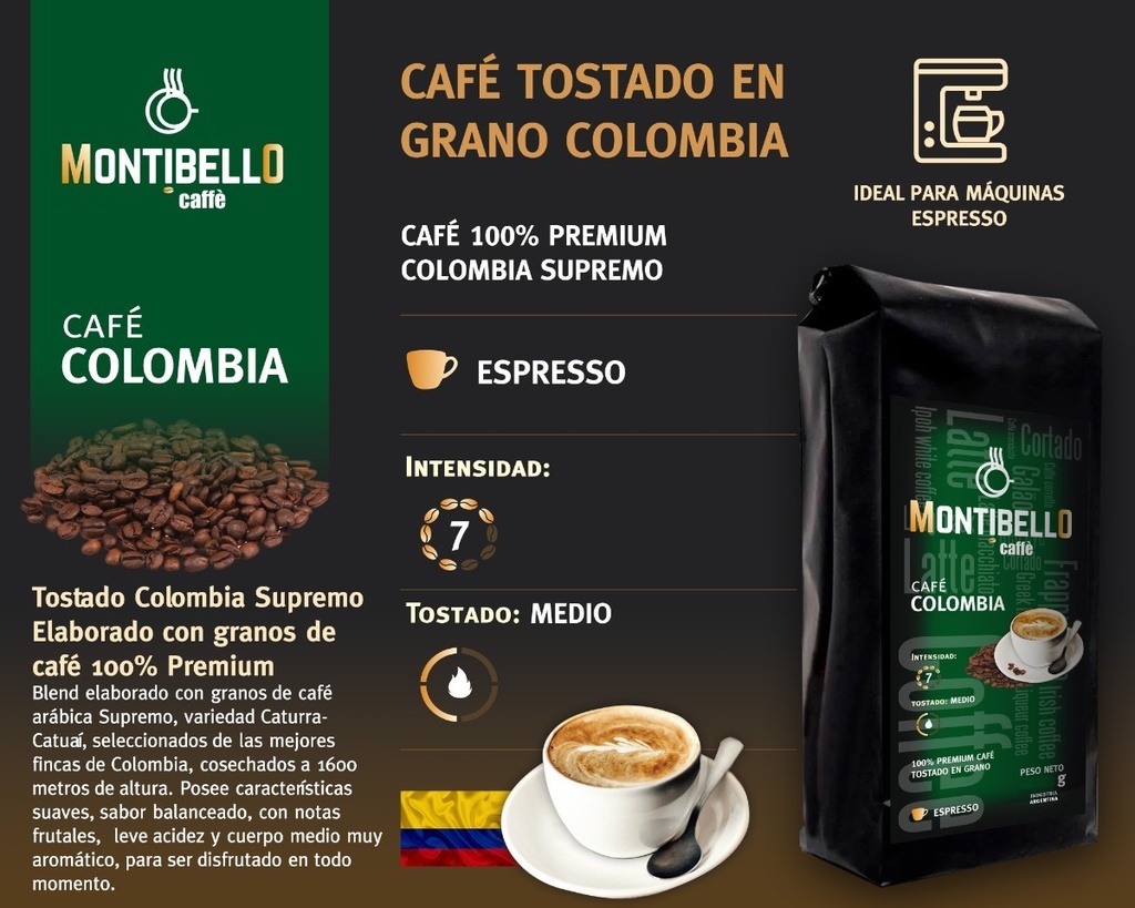 Café Tostado En Grano O Molido Montibello Colombia 250gr