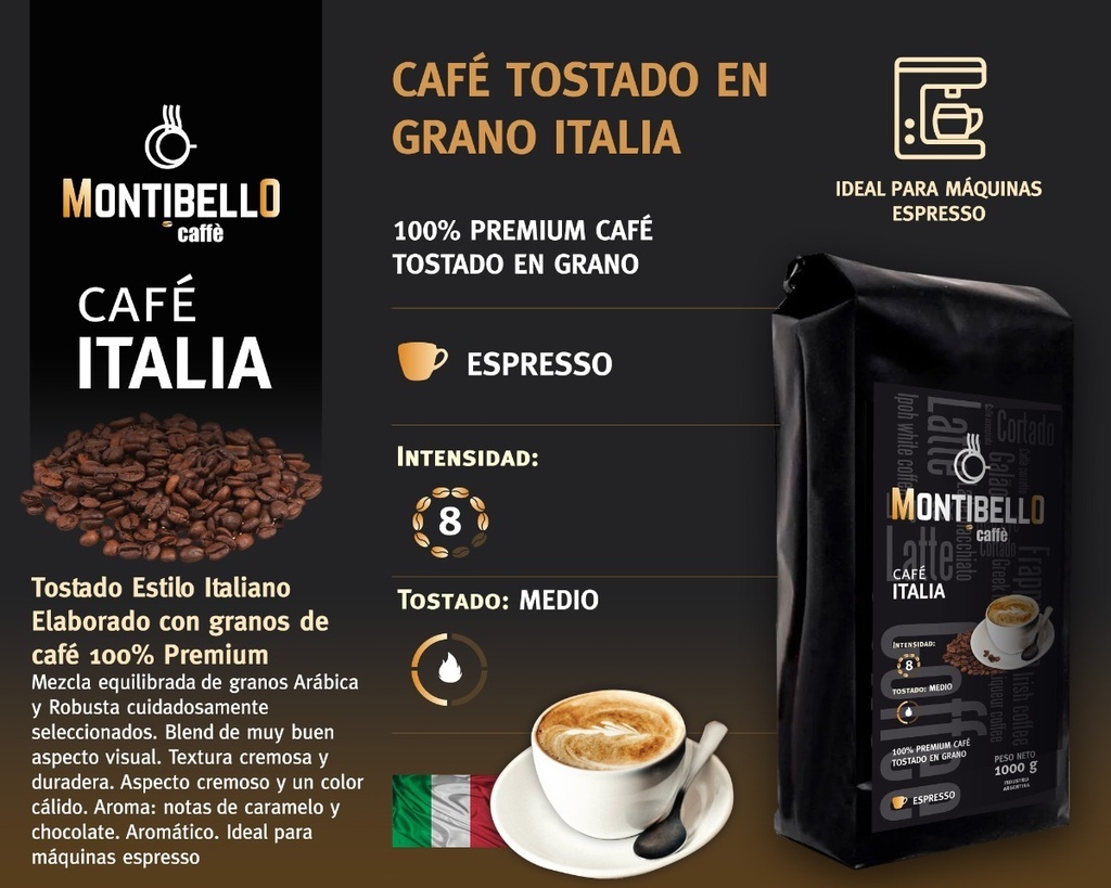 Café Tostado En Grano O Molido Montibello Italia 250gr