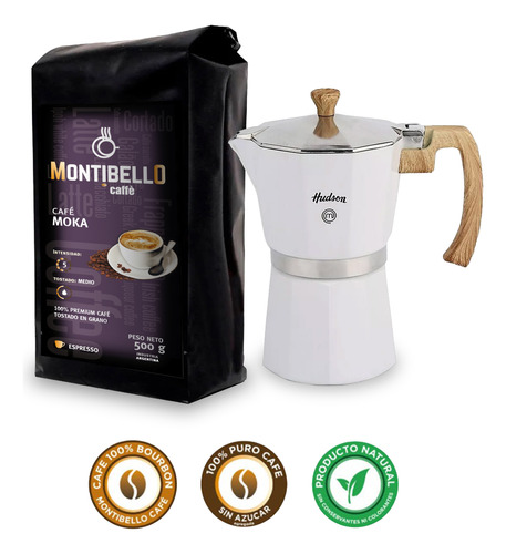 Cafetera Italiana Hudson 6p + Cafe Montibello Moka 500g